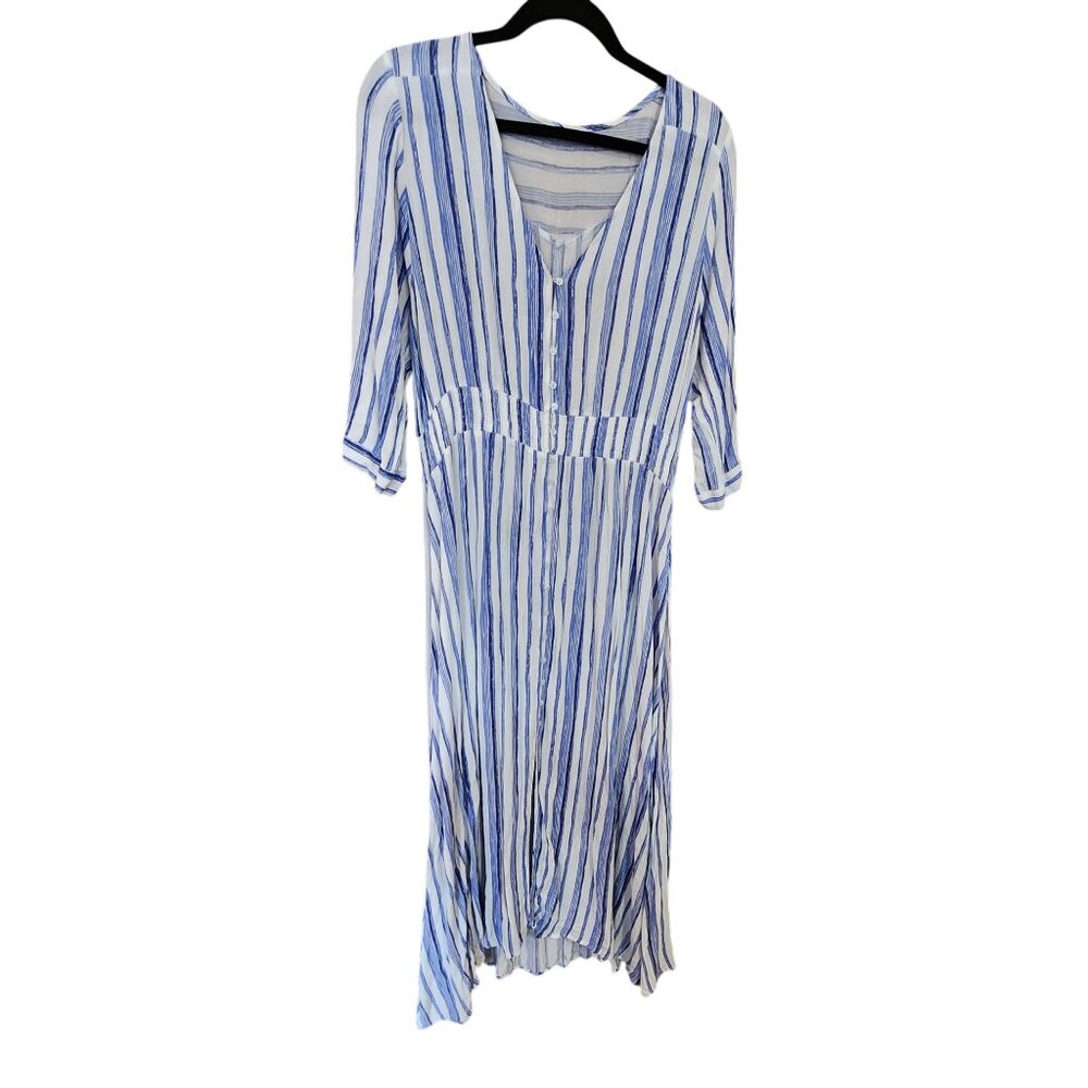 Striped Blue & White V-Neck Button-Down Midi Dress With 3/4 Sleeves